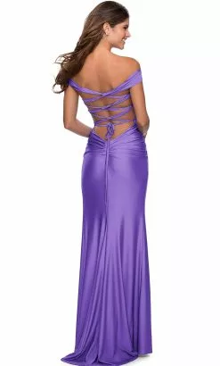 La Femme - 28506 Off Shoulder Tie Low-Cut Open Back Jersey Prom Dress -Wedding Dresses shop online la femme 28506 off shoulder tie low cut open back jersey prom dress prom dresses 31762943410259