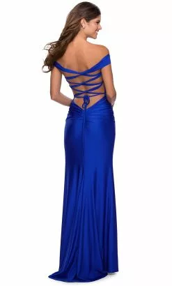 La Femme - 28506 Off Shoulder Tie Low-Cut Open Back Jersey Prom Dress -Wedding Dresses shop online la femme 28506 off shoulder tie low cut open back jersey prom dress prom dresses 31762943443027