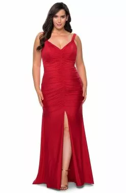 La Femme - 29027 V-neck Ruched Jersey Trumpet Dress -Wedding Dresses shop online la femme 29027 v neck ruched jersey trumpet dress evening dresses 12w red 28768591151187