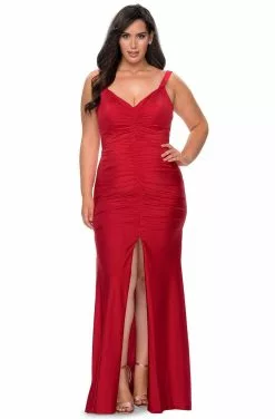 La Femme - 29027 V-neck Ruched Jersey Trumpet Dress -Wedding Dresses shop online la femme 29027 v neck ruched jersey trumpet dress evening dresses 28768533119059