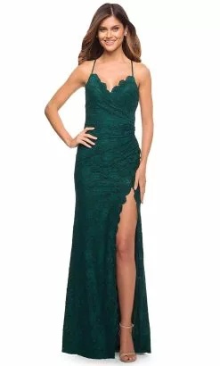 La Femme - 29939 Lace Scalloped V Neck Sheath Dress -Wedding Dresses shop online la femme 29939 lace scalloped v neck sheath dress prom dresses 00 dark emerald 31758177140819
