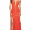 La Femme - 30687 Plunging Floral Lace Slit Gown -Wedding Dresses shop online la femme 30687 plunging floral lace slit gown prom dresses 00 papaya 29559132389459