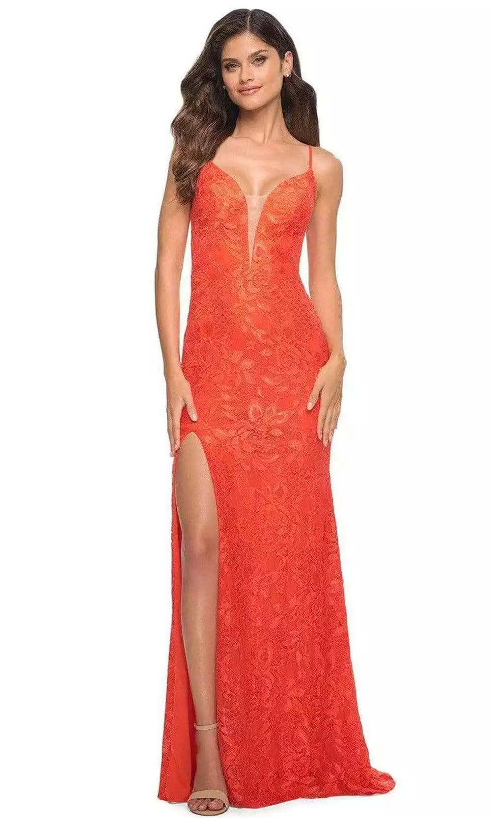 La Femme - 30687 Plunging Floral Lace Slit Gown 3 La Femme - 30687 Plunging Floral Lace Slit Gown