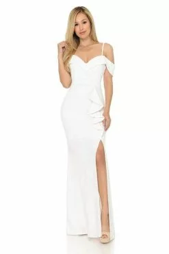 Lenovia - Long Off Shoulder Ruffle Trimmed Dress 5206 18 Lenovia - Long Off Shoulder Ruffle Trimmed Dress 5206 -Wedding Dresses shop online lenovia long off shoulder ruffle trimmed dress 5206 ccsale 2xl ivory 28399202828371