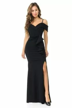 Lenovia - Long Off Shoulder Ruffle Trimmed Dress 5206 17 Lenovia - Long Off Shoulder Ruffle Trimmed Dress 5206 -Wedding Dresses shop online lenovia long off shoulder ruffle trimmed dress 5206 ccsale l black 28331512660051