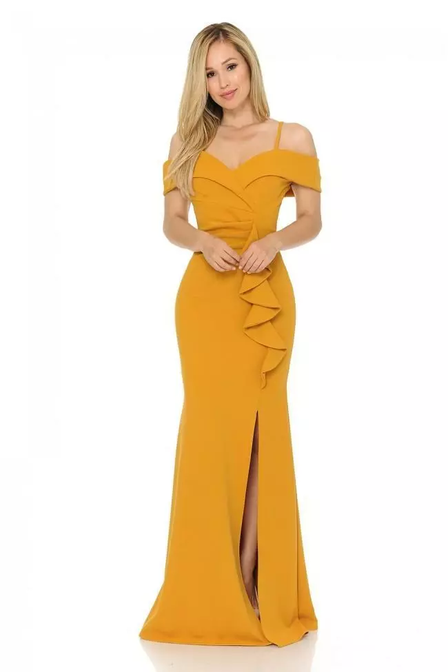 Lenovia - Long Off Shoulder Ruffle Trimmed Dress 5206 7 Lenovia - Long Off Shoulder Ruffle Trimmed Dress 5206 - Image 5