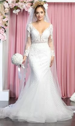 May Queen - Embroidered Long Sleeve Bridal Gown RQ7896 - 1 Pc Ivory In Size 20 Available -Wedding Dresses shop online may queen embroidered long sleeve bridal gown rq7896 1 pc ivory in size 20 available ccsale 20 ivory 32351309889619