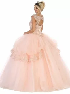 May Queen - LK118 Cap Sleeve Scalloped Illusion V-Neck Gown -Wedding Dresses shop online may queen lk118 cap sleeve scalloped illusion v neck gown special occasion dress 28823262298195