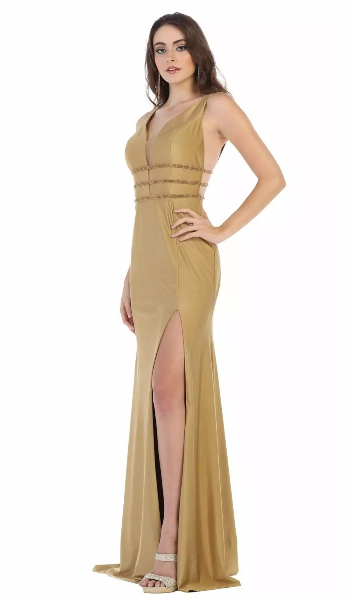 May Queen - MQ1582 Plunging Beaded Tri-Band High Slit Gown 3 May Queen - MQ1582 Plunging Beaded Tri-Band High Slit Gown