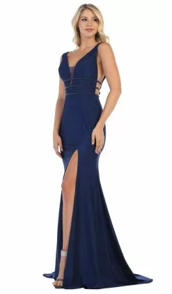 May Queen - MQ1582 Plunging Beaded Tri-Band High Slit Gown 12 May Queen - MQ1582 Plunging Beaded Tri-Band High Slit Gown -Wedding Dresses shop online may queen mq1582 plunging beaded tri band high slit gown special occasion dress 2 navy 28824549621843