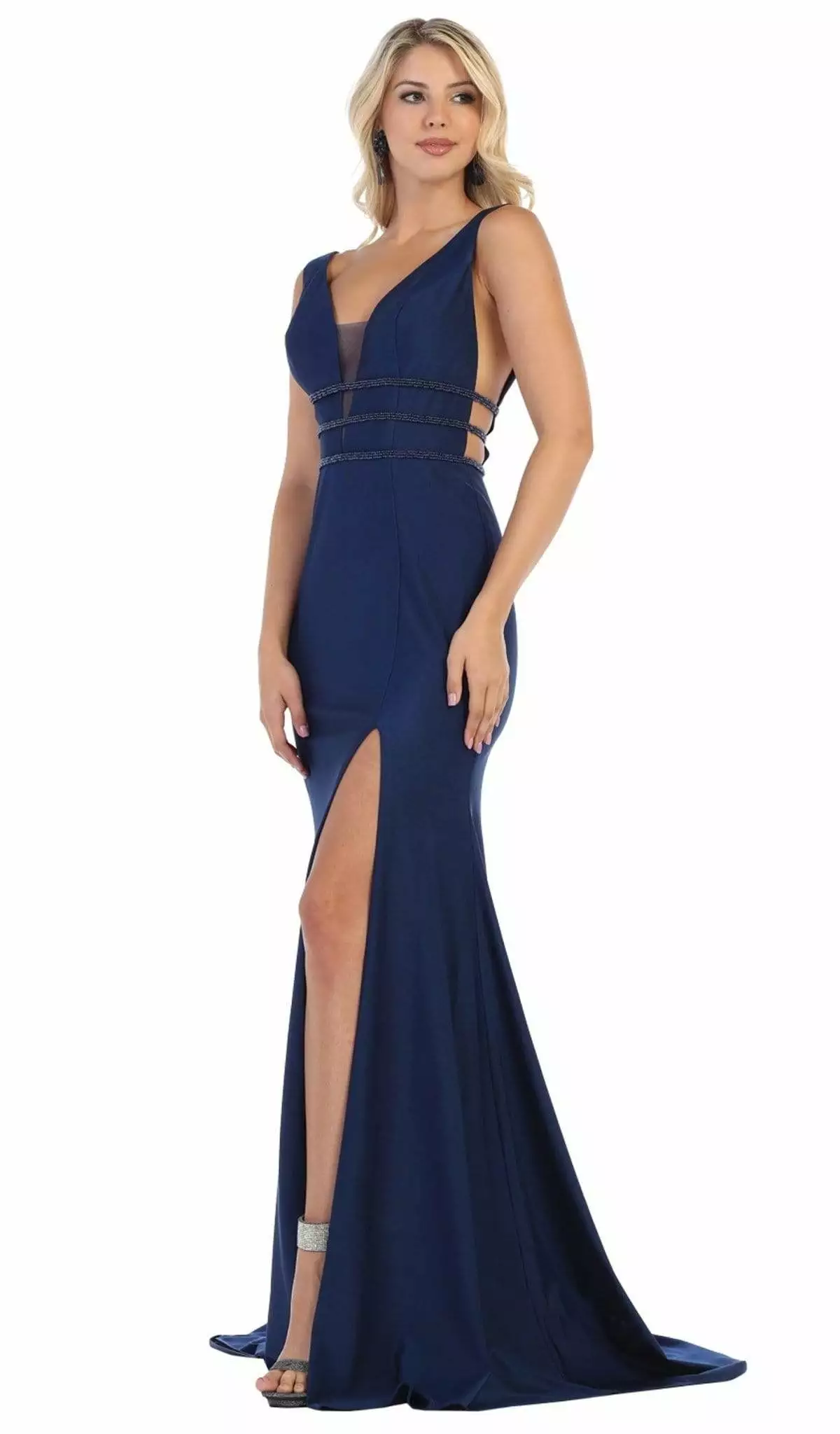 May Queen - MQ1582 Plunging Beaded Tri-Band High Slit Gown 7 May Queen - MQ1582 Plunging Beaded Tri-Band High Slit Gown - Image 5