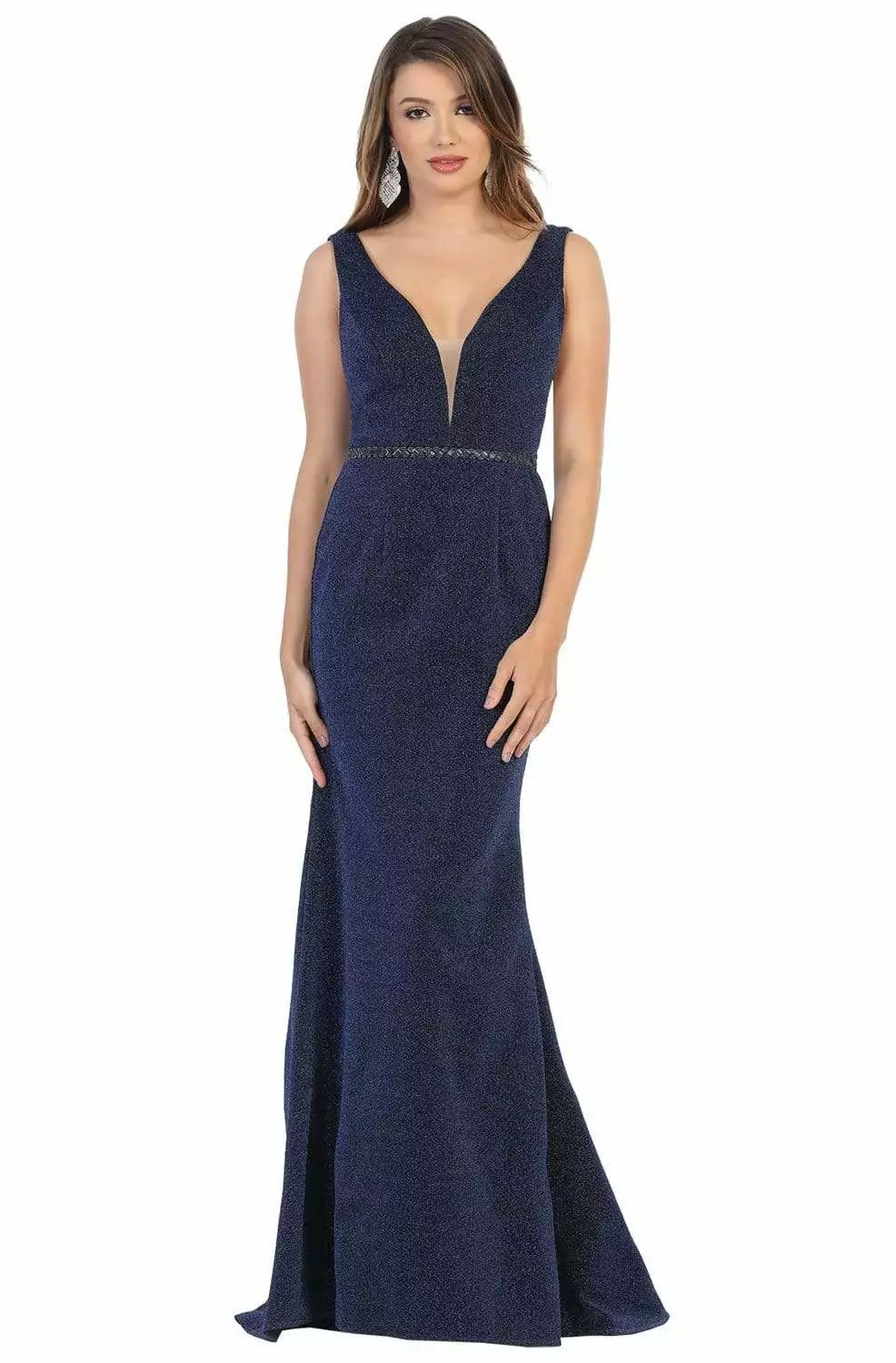 May Queen - MQ1698 Deep V-neck Trumpet Dress With Train 5 May Queen - MQ1698 Deep V-neck Trumpet Dress With Train - Image 3