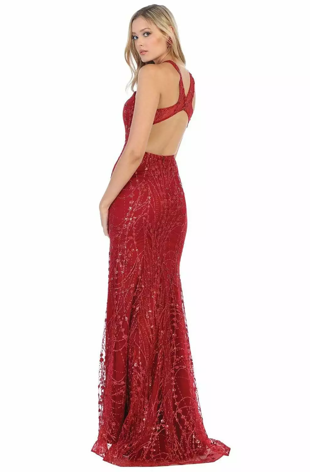 May Queen - MQ1699 Illusion Halter Embroidered High Slit Gown 4 May Queen - MQ1699 Illusion Halter Embroidered High Slit Gown - Image 2