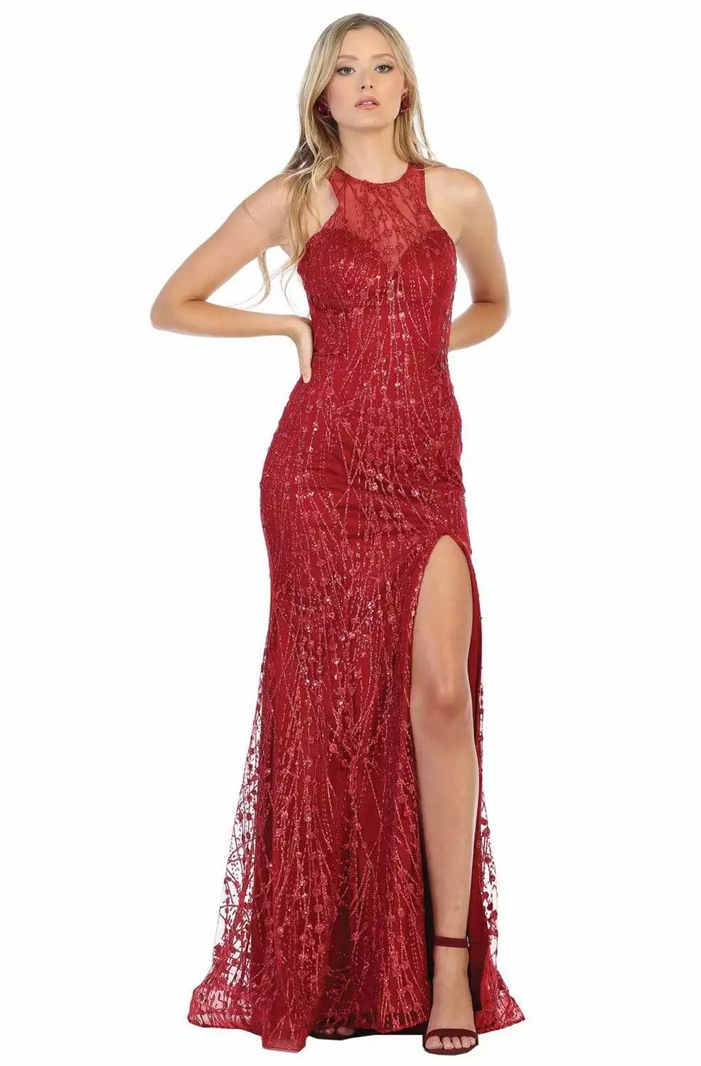 May Queen - MQ1699 Illusion Halter Embroidered High Slit Gown 3 May Queen - MQ1699 Illusion Halter Embroidered High Slit Gown