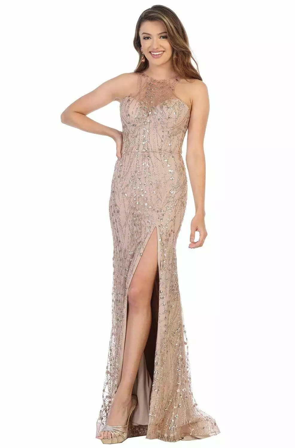 May Queen - MQ1699 Illusion Halter Embroidered High Slit Gown 5 May Queen - MQ1699 Illusion Halter Embroidered High Slit Gown - Image 3