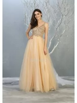 May Queen - MQ1798 Illusion Lace Appliqued A-Line Dress -Wedding Dresses shop online may queen mq1798 illusion lace appliqued a line dress prom dresses 4 champagne 28081606885459