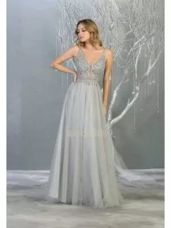 May Queen - MQ1798 Illusion Lace Appliqued A-Line Dress -Wedding Dresses shop online may queen mq1798 illusion lace appliqued a line dress prom dresses 4 silver 28211653705811