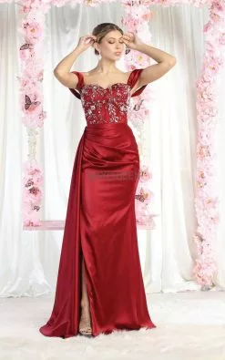 May Queen MQ1977 - Slit Satin Off Shoulder Dress
