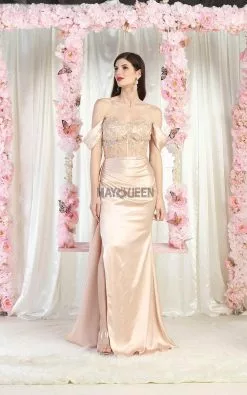 May Queen MQ1977 - Slit Satin Off Shoulder Dress -Wedding Dresses shop online may queen mq1977 slit satin off shoulder dress special occasion dress 32331290280019