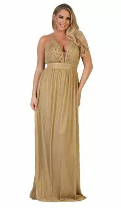 May Queen - Plunging V-Neck Pleated A-Line Dress MQ1635 - 1 Pc Gold In Size 16 Available