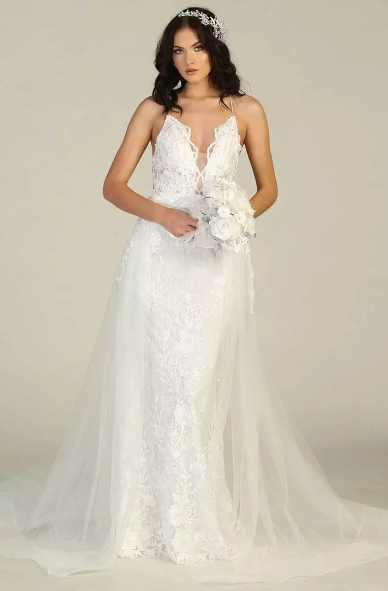 May Queen - RQ7823 Embroidered Deep V-neck Sheath Dress With Train 7 May Queen - RQ7823 Embroidered Deep V-neck Sheath Dress With Train - Image 5