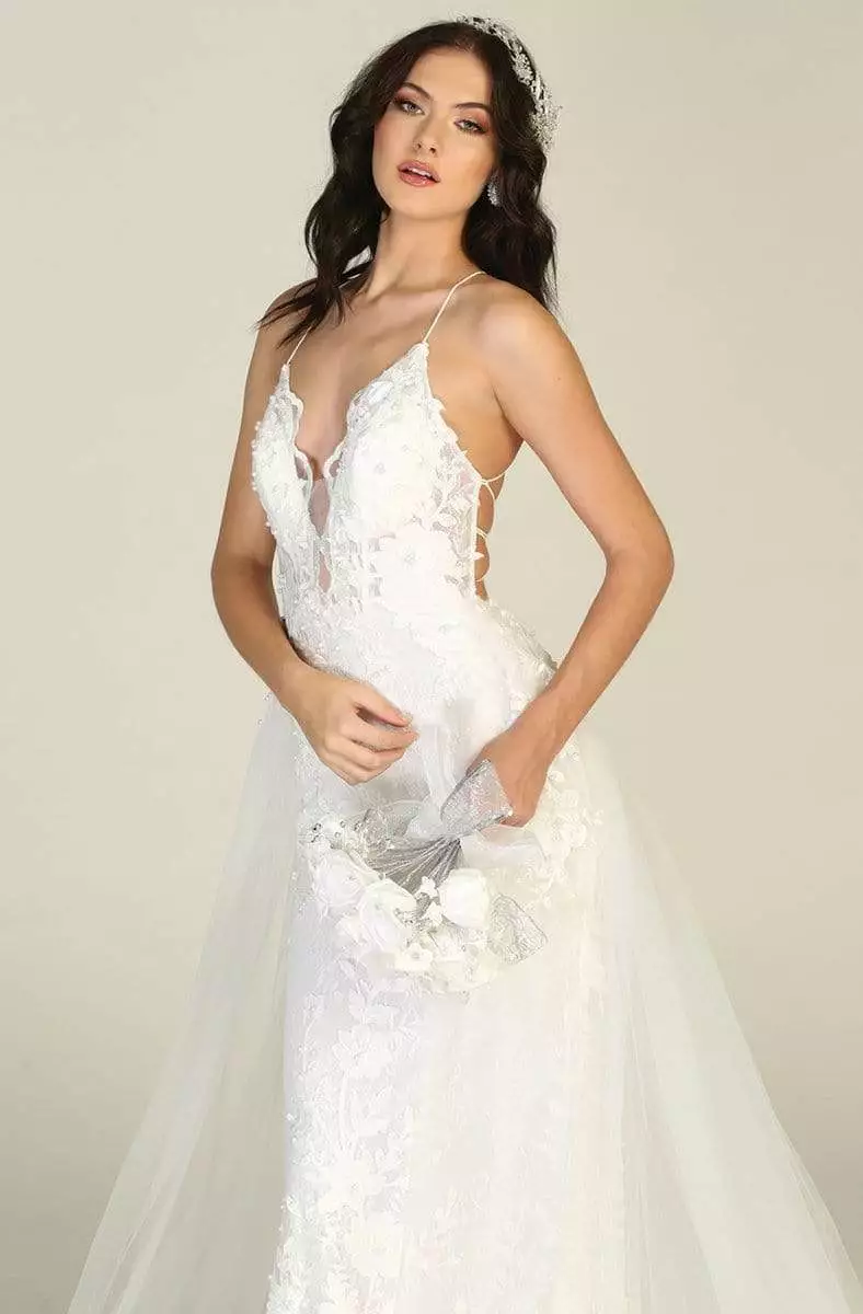 May Queen - RQ7823 Embroidered Deep V-neck Sheath Dress With Train 6 May Queen - RQ7823 Embroidered Deep V-neck Sheath Dress With Train - Image 4