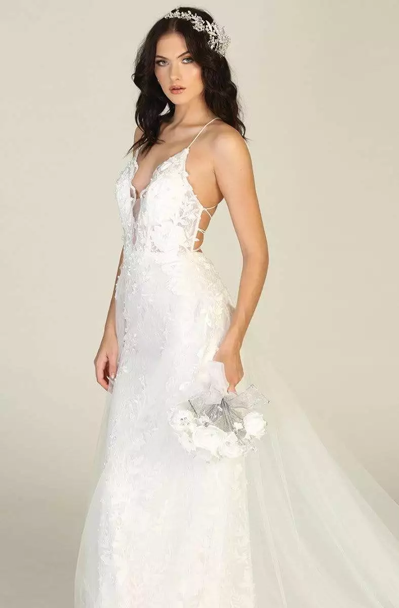 May Queen - RQ7823 Embroidered Deep V-neck Sheath Dress With Train 5 May Queen - RQ7823 Embroidered Deep V-neck Sheath Dress With Train - Image 3