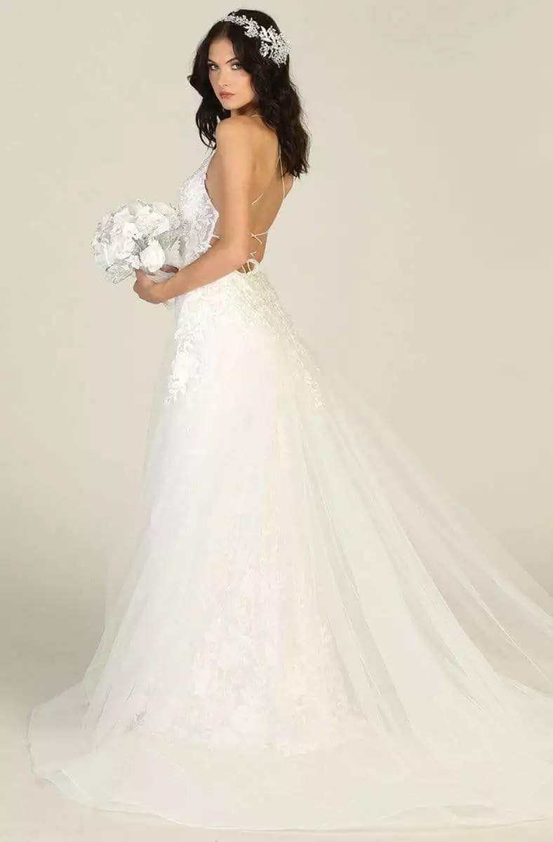 May Queen - RQ7823 Embroidered Deep V-neck Sheath Dress With Train 4 May Queen - RQ7823 Embroidered Deep V-neck Sheath Dress With Train - Image 2