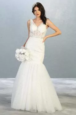 May Queen - RQ7849 Embroidered V-neck Mermaid Dress