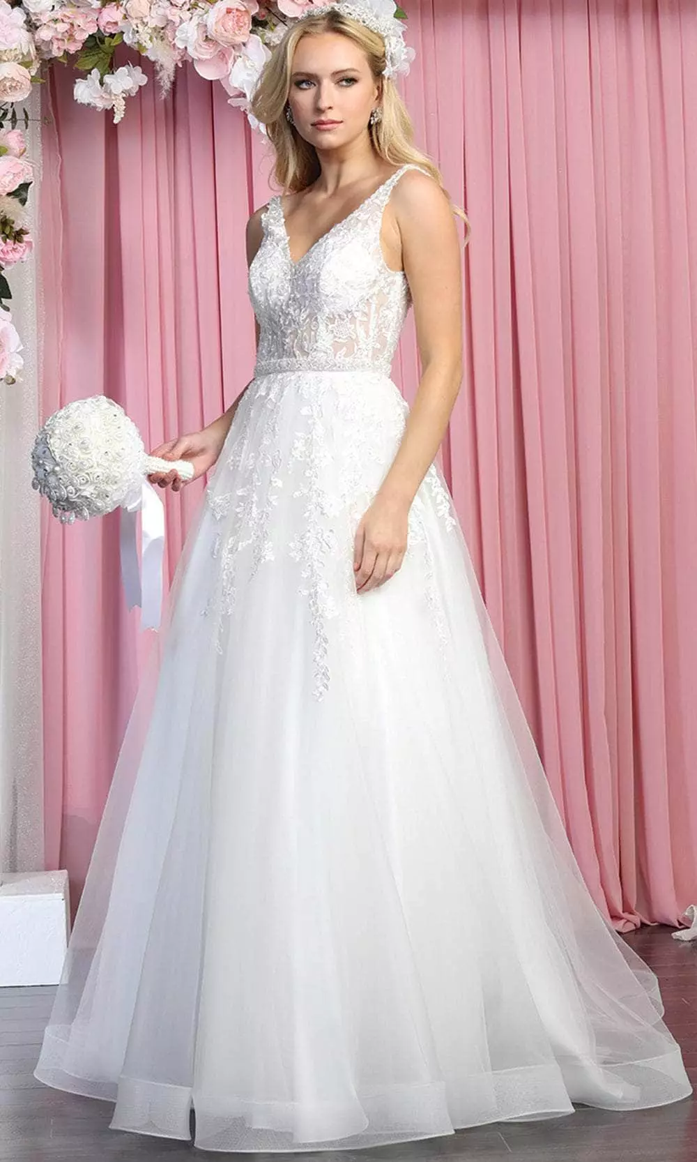 May Queen RQ7888 - Sleeveless Sheer V-neck Wedding Gown 5 May Queen RQ7888 - Sleeveless Sheer V-neck Wedding Gown - Image 3
