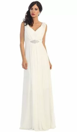 May Queen - Sleeveless Ruched Panel A-Line Long Bridesmaid Dress -Wedding Dresses shop online may queen sleeveless ruched panel a line long bridesmaid dress special occasion dress 4 ivory 5657472041017