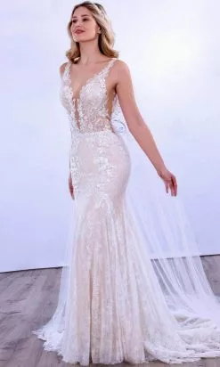 MNM COUTURE 10088 - V Shape Beaded Trumpet Dress