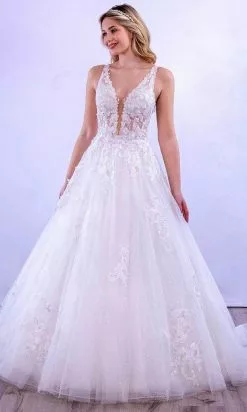 MNM COUTURE 10089 - V Shape Laced A-Line Dress