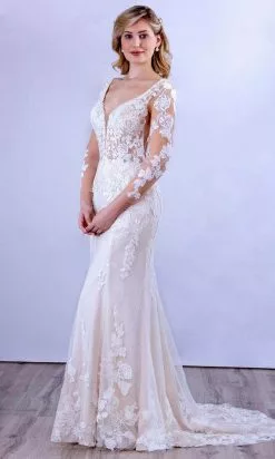 MNM COUTURE 10090 - V Neck Long Sleeve Sheer Dress