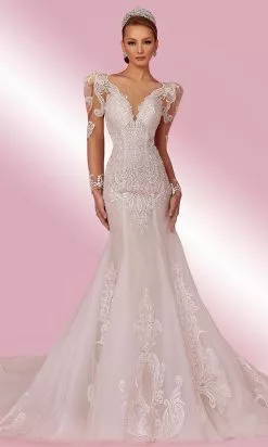 MNM COUTURE W2102 - V Neck Puff Sleeves Dress