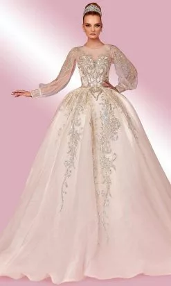 MNM COUTURE W2123 - Embellished Bishop Sleeves Gown