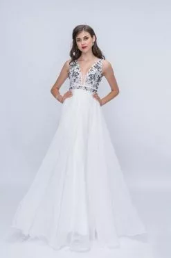 Nina Canacci - 2205 Floral Embroidered Plunging V-Neck Gown -Wedding Dresses shop online nina canacci 2205 floral embroidered plunging v neck gown wedding dresses 0 ivory black 6404244340793