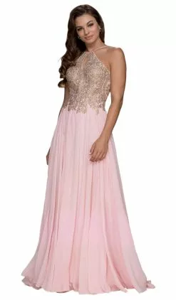 Nox Anabel - B084 Gilded Lace Cutout Halter Chiffon Evening Gown
