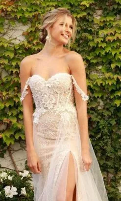 Nox Anabel - E441 Off Shoulder Appliqued High Slit Bridal Gown -Wedding Dresses shop online nox anabel e441 off shoulder appliqued high slit bridal gown wedding dresses 15889191698515