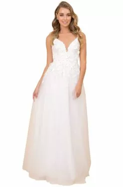 Nox Anabel - R346 Plunging V-Neck Floral Appliqued Bridal Gown