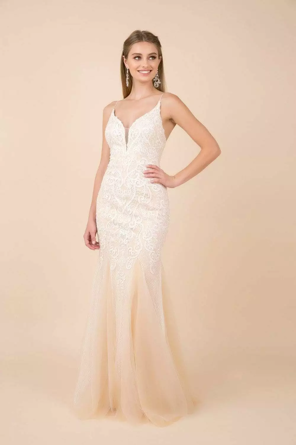 Nox Anabel - W903 Lace Embroidered Deep V-neck Trumpet Gown 3 Nox Anabel - W903 Lace Embroidered Deep V-neck Trumpet Gown