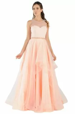 Poly USA - 8134 Illusion Embellished Waist Layered Long Dress