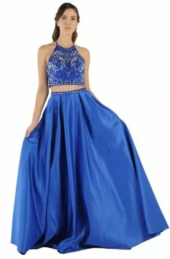 Poly USA - 8210 Two-Piece Jeweled Halter A-Line Dress -Wedding Dresses shop online poly usa 8210 two piece jeweled halter a line dress bridesmaid dresses xs royal 13428017758291