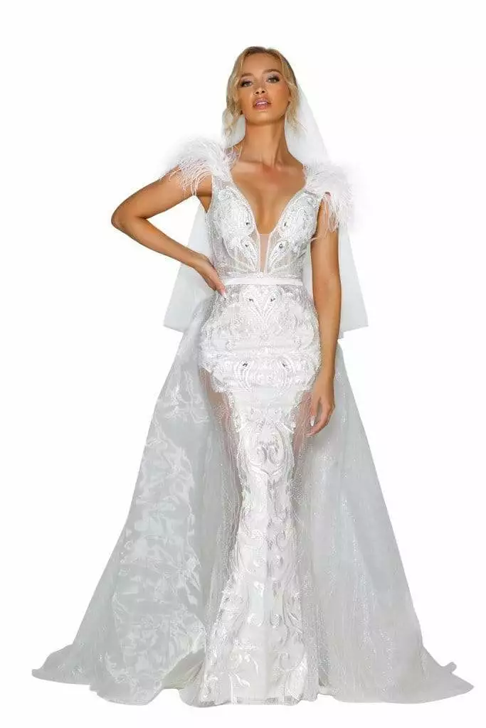 Portia And Scarlett - PS1986S Embroidered Deep V-Neck Trumpet Dress 5 Portia And Scarlett - PS1986S Embroidered Deep V-Neck Trumpet Dress - Image 3