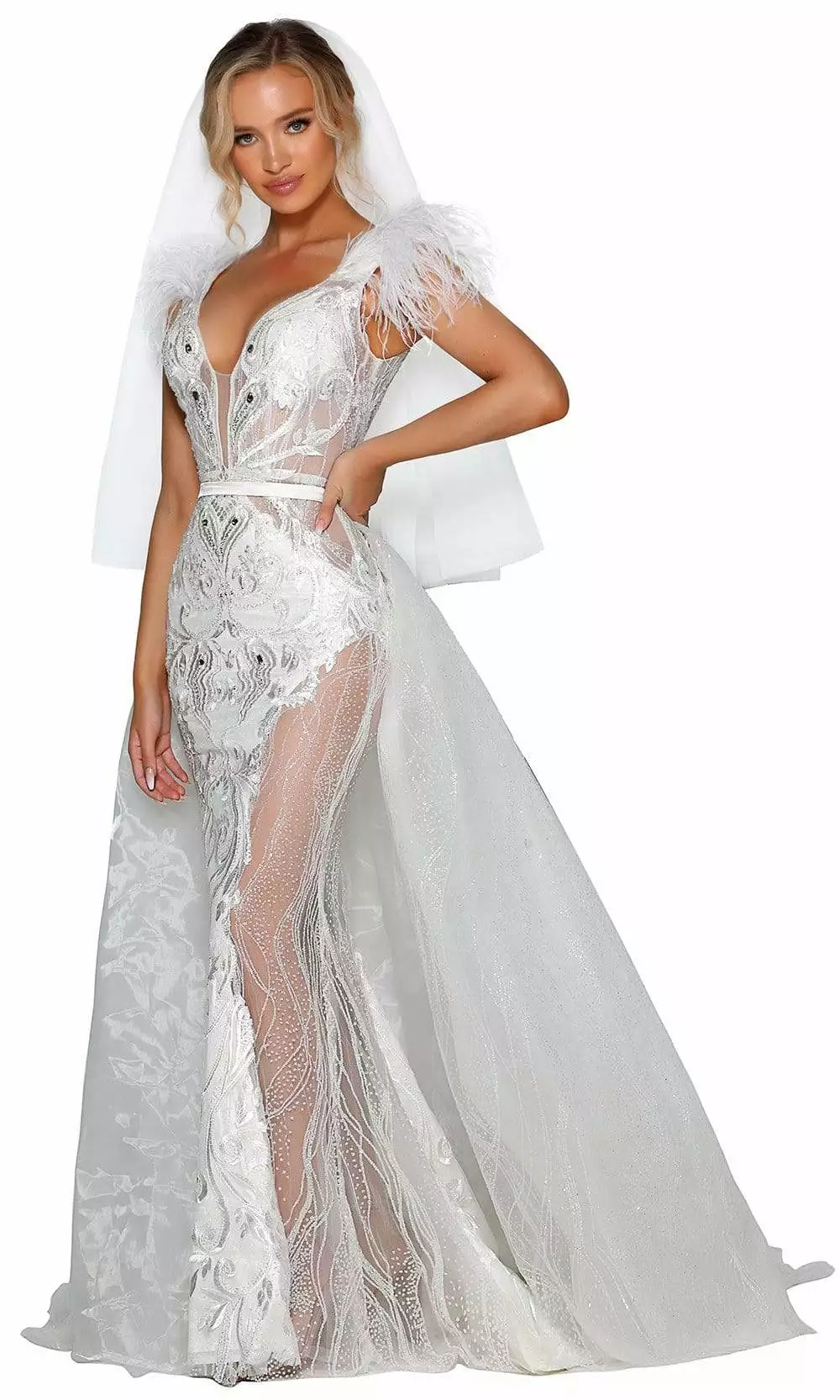 Portia And Scarlett - PS1986S Embroidered Deep V-Neck Trumpet Dress 3 Portia And Scarlett - PS1986S Embroidered Deep V-Neck Trumpet Dress