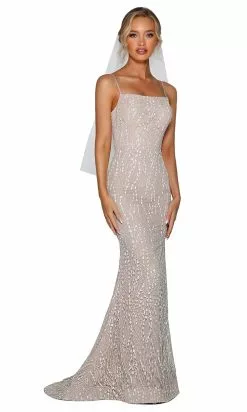 Portia And Scarlett - PS6429 Glitter Straight Across Trumpet Dress -Wedding Dresses shop online portia and scarlett ps6429 glitter straight across trumpet dress wedding dresses 14630443712595