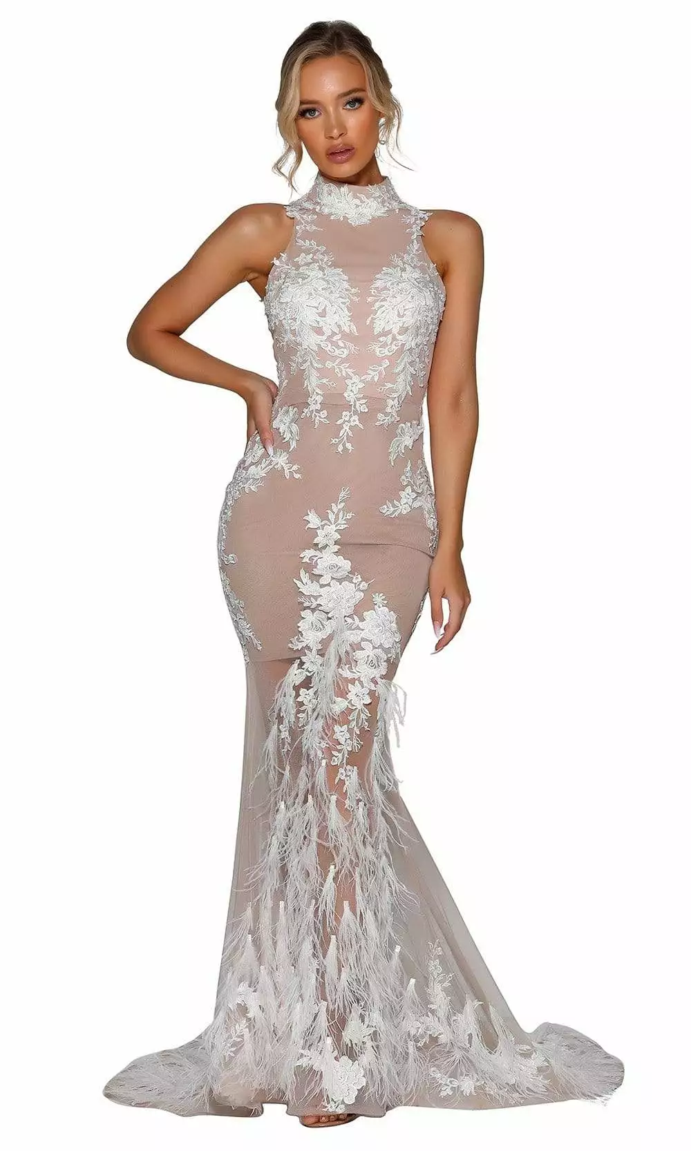 Portia And Scarlett - PSB6812 High Neck Sheer Long Dress 3 Portia And Scarlett - PSB6812 High Neck Sheer Long Dress