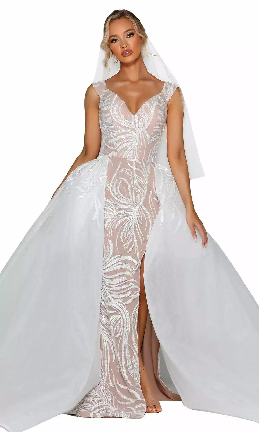 Portia And Scarlett - PSB6817S V Neck Embroidered Dress With Overskirt 3 Portia And Scarlett - PSB6817S V Neck Embroidered Dress With Overskirt