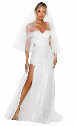 Portia And Scarlett - PSB6818 Off-Shoulder Slit Tulle Gown