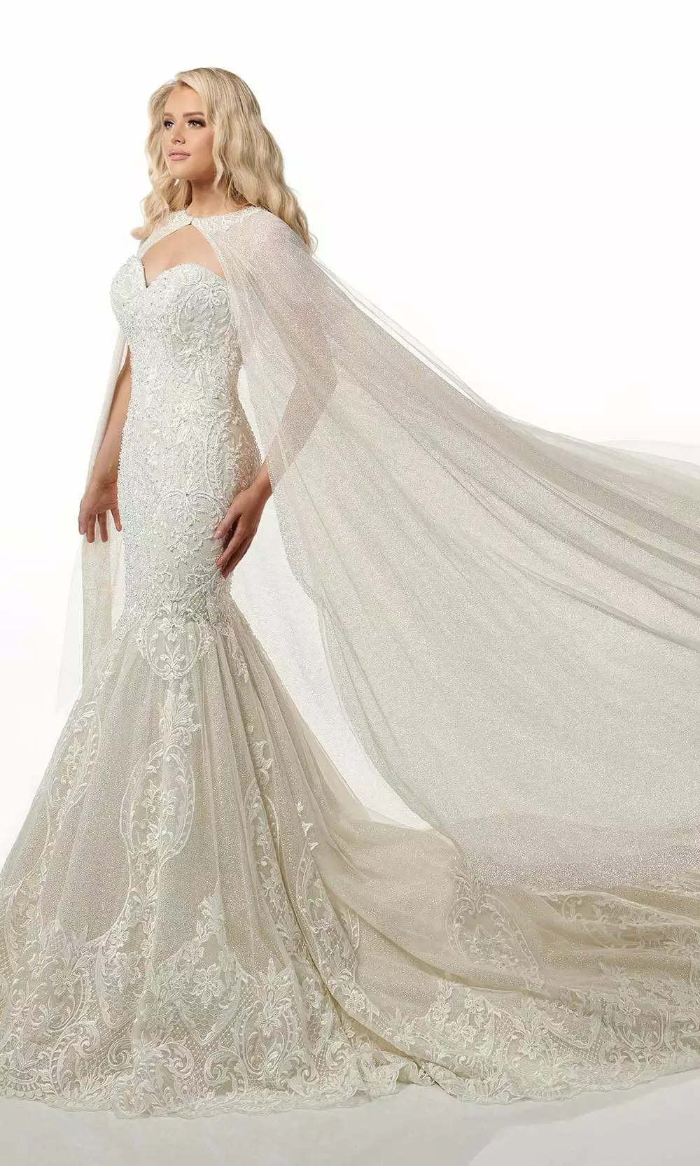 Rachel Allan - M781 Embroidered Lace Mermaid Wedding Gown With Cape 6 Rachel Allan - M781 Embroidered Lace Mermaid Wedding Gown With Cape - Image 4